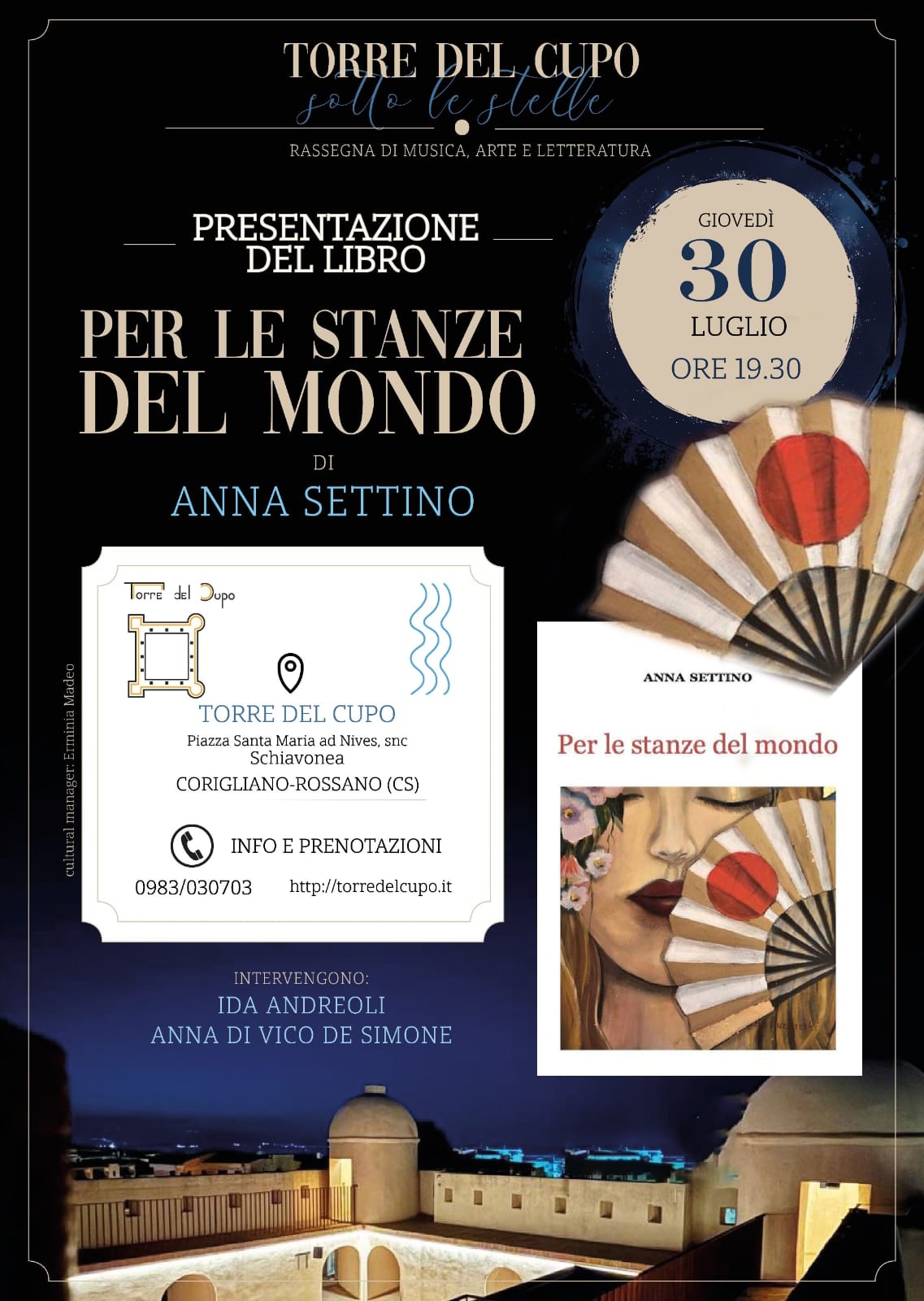 Locandina Presentazione del Libro Per le stanza del mondo di Anna Settino — 30 Luglio 2026