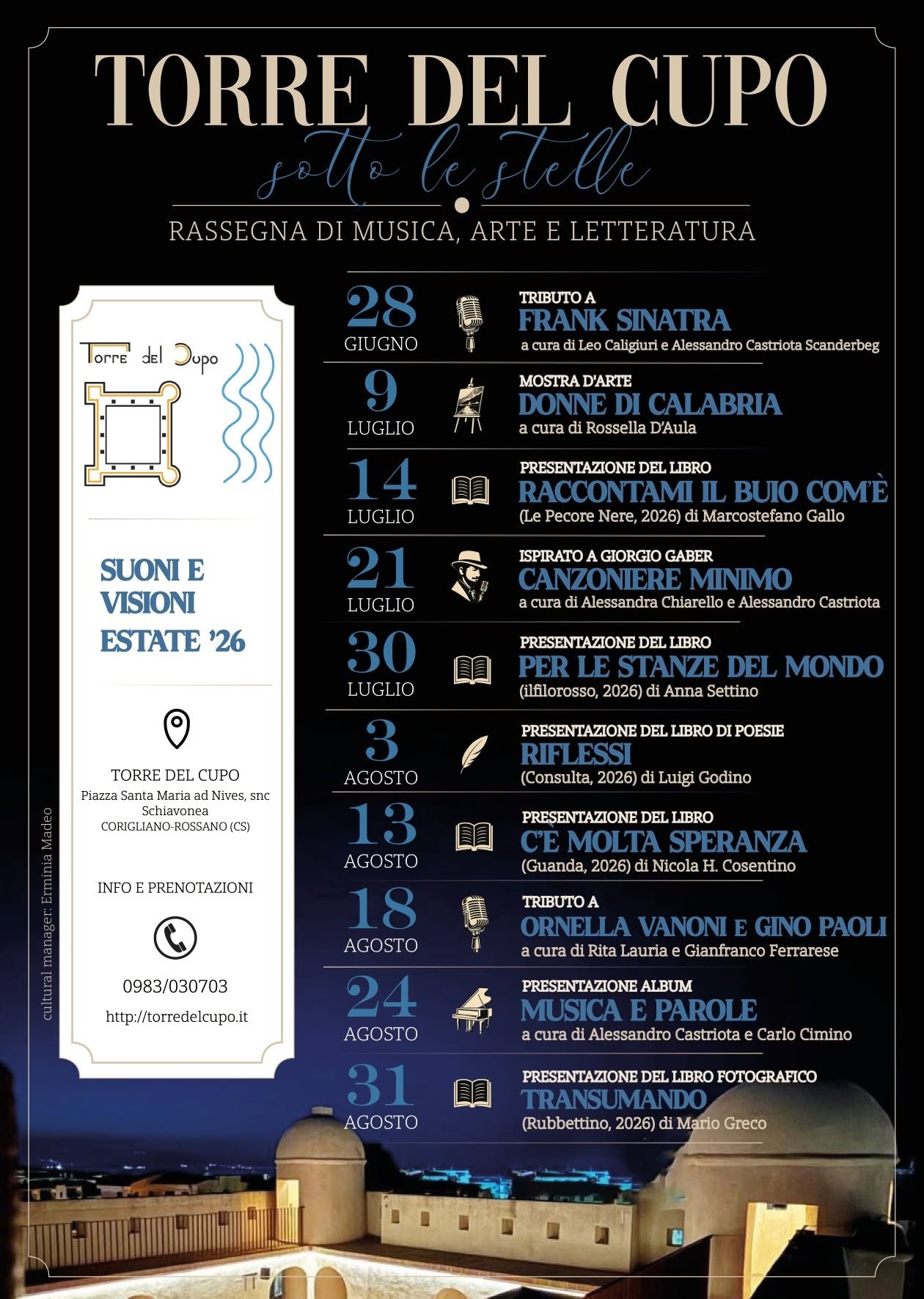 Locandina Rassegna Torre del Cupo sotto le Stelle — Musica Arte e Letteratura Estate 2026